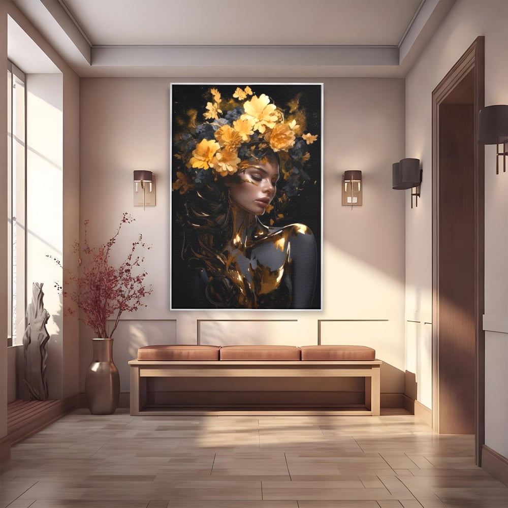 Tablou canvas cu tablou canvas cu portret de femeie aurita, in rama de aluminiu argintiu